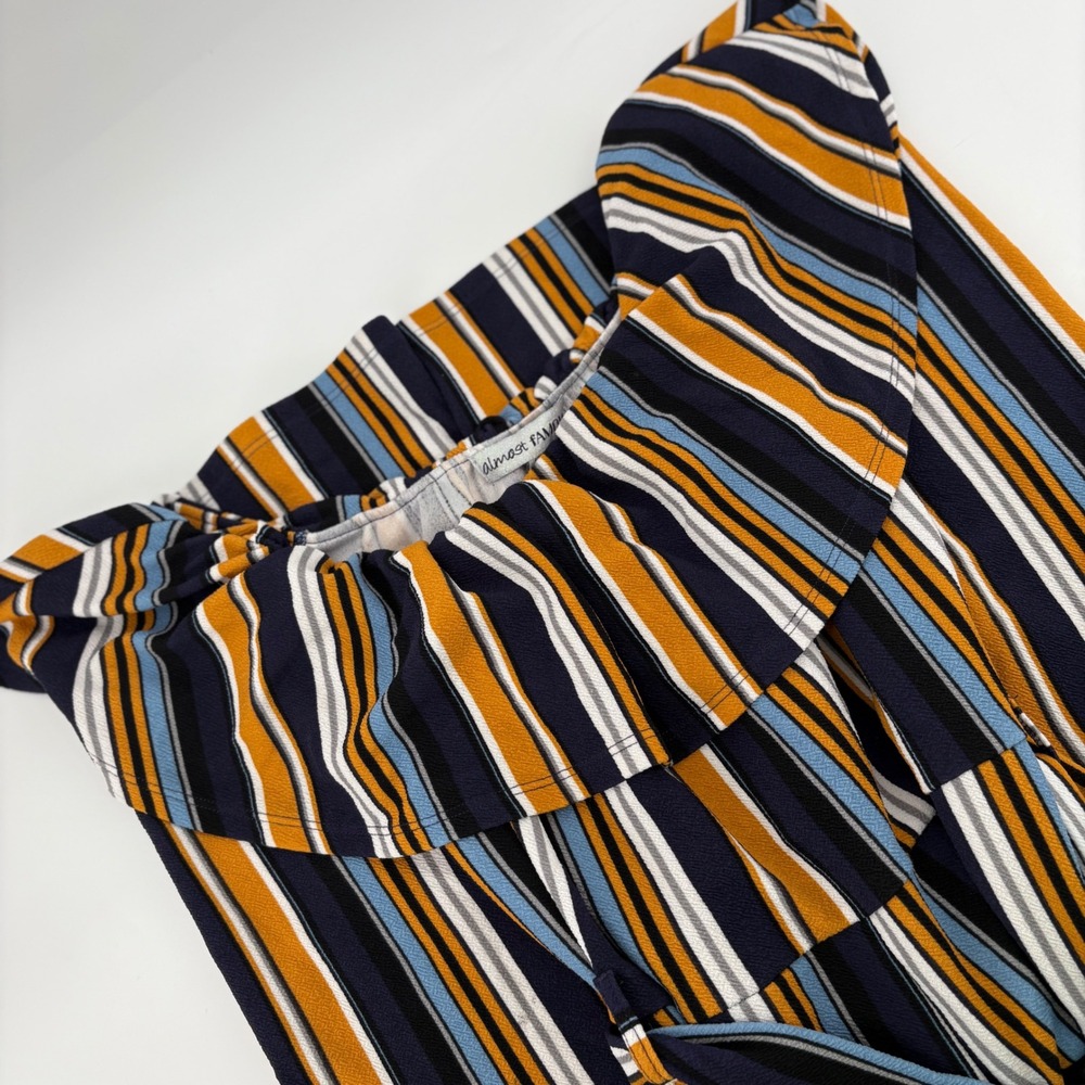 Almost Famous Jumpsuit Womens L Multicolor‎ Striped Ruffle Off Shoulder Wide Leg
